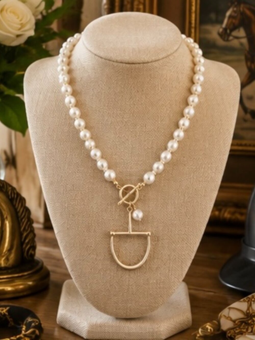 Pearl Equestrian Stirrup Necklace, Gold Horse Stirrup Pendant, Pearl Toggle Neck